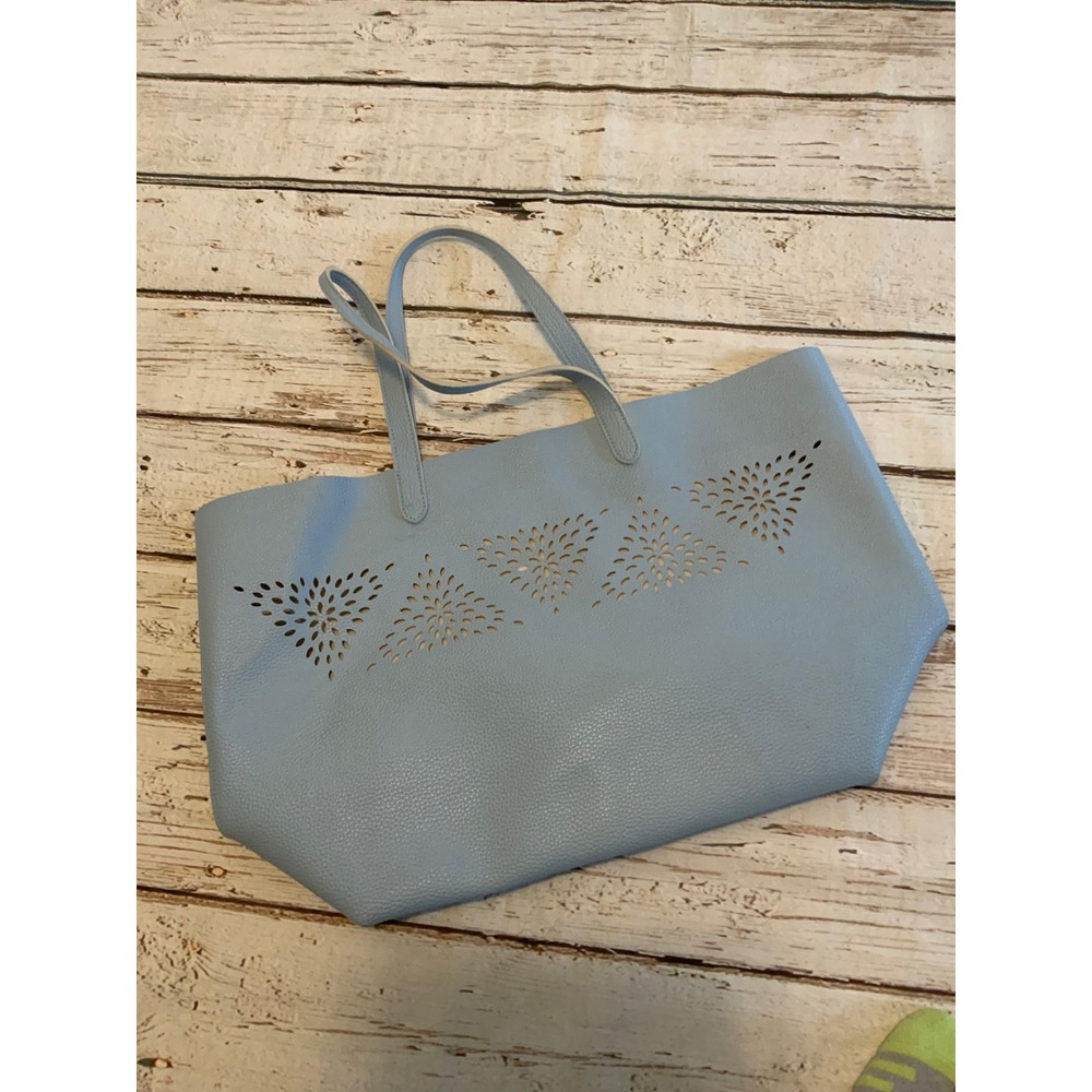 Faux Leather Laser Cut Geometric Floral Tote Bag Baby Blue Large Shoulder Bag
